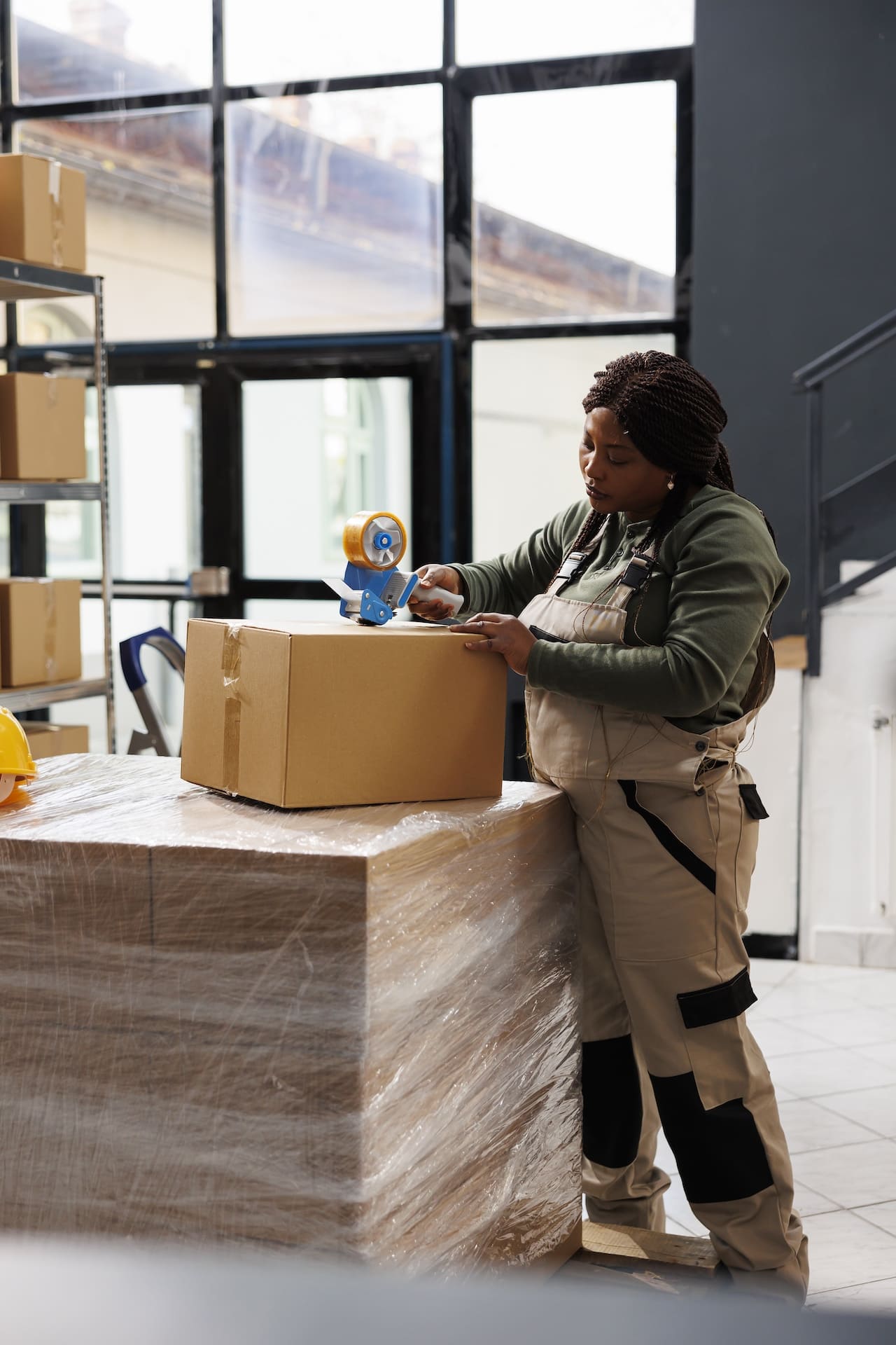 Employée d'entrepôt féminine concentrée scellant une boîte en carton avec du ruban adhésif en préparation de l'expédition.