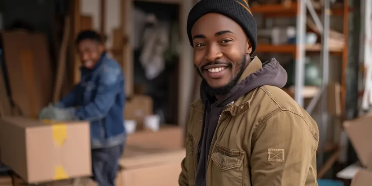 Jeune homme africain souriant portant un bonnet et une veste d'hiver, travaillant dans un entrepôt de logistique avec un collègue en arrière-plan.