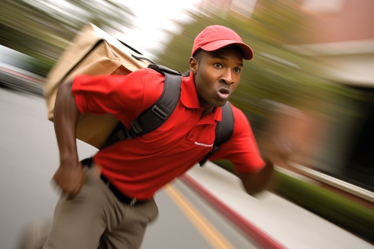 Coursier en tenue de sport rouge effectuant une livraison rapide en mouvement, avec un effet de vitesse en arrière-plan.