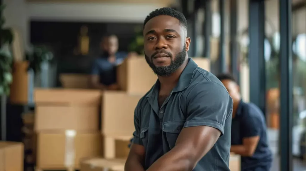 Homme d'affaires afro-américain avec une barbe se tenant confiant devant des boîtes de déménagement dans un intérieur d'entreprise moderne.