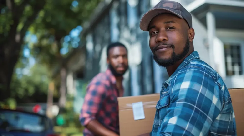 Deux hommes transportant une boîte en carton pendant le processus de déménagement, avec une maison résidentielle et des arbres à l'arrière-plan.