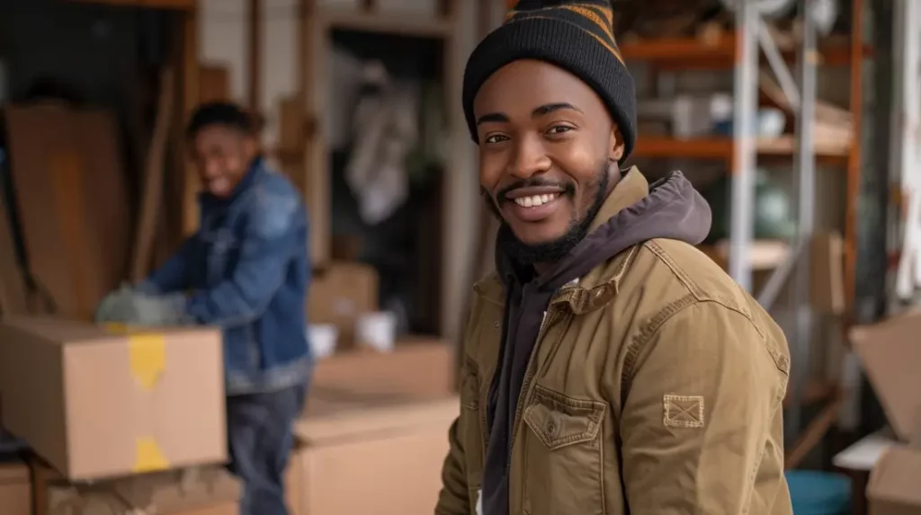 Jeune homme africain souriant portant un bonnet et une veste d'hiver, travaillant dans un entrepôt de logistique avec un collègue en arrière-plan.