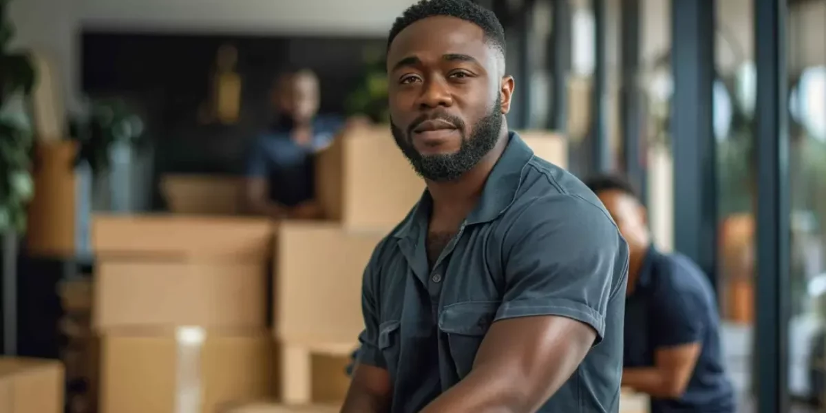 Homme d'affaires afro-américain avec une barbe se tenant confiant devant des boîtes de déménagement dans un intérieur d'entreprise moderne.