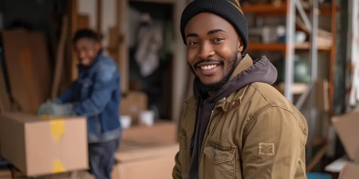 Jeune homme africain souriant portant un bonnet et une veste d'hiver, travaillant dans un entrepôt de logistique avec un collègue en arrière-plan.